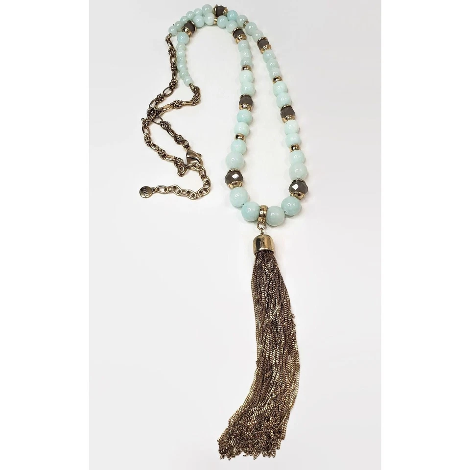Bella Jack Pale Green Glass Bead Gold Tone Chain Tassel Necklace 31" - Image 4 of 4