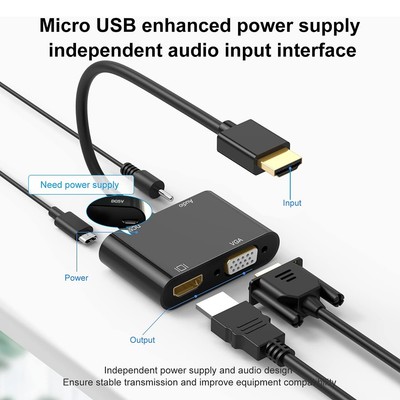 Compatible-HDMI to VGA+Compatible-HDMI+3.5mm Audio 3-in-1 Converter Dual Display