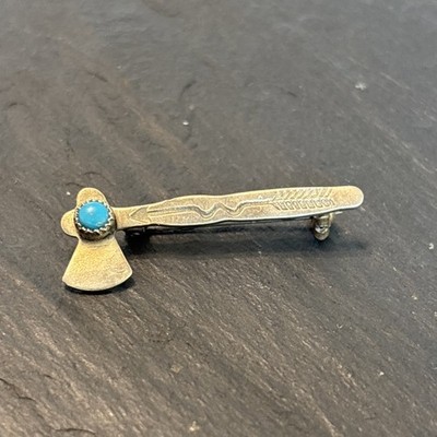 Harvey Era 50s Sterling Tomahawk Brooch Vintage Turquoise Stamped Pat J7