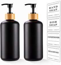 Black Soap Dispenser Set 16oz Plastic Soap Dispenser with Bamboo Pump Hand