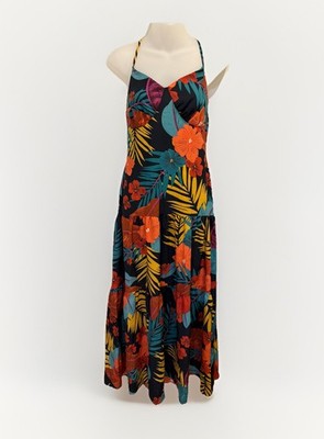 SHEIN Tropical Halter Maxi Dress Small Floral Tie Back Ruffle Summer
