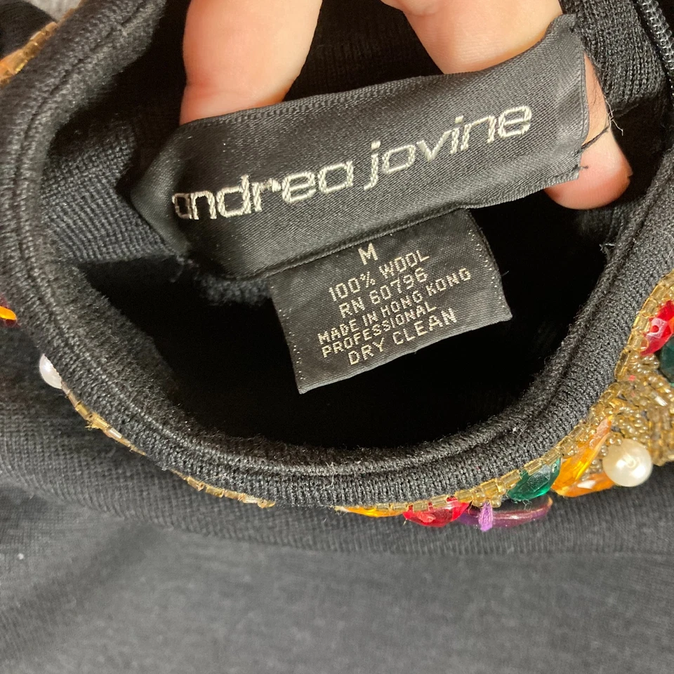 Mini Vestido Vintage Andrea Jovine 100% Lana Body Con Mediano M Negro Cuello Joya Foto 3 de 4