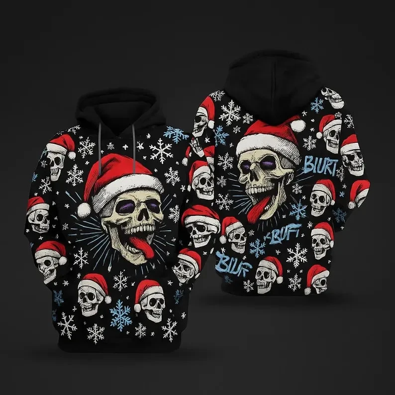 Santa Skull 3D Print Hoodie Pullover Sweatshirt Unisex Christmas Casual Wear