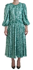 Dolce & Gabbana Blue Sequined Pleated Aline Midi Nylon Women's Dress Authentic