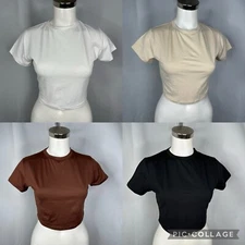 Lot of 4 Shein Black Brown Cream White Cropped T Shirts Tops Sz Lg