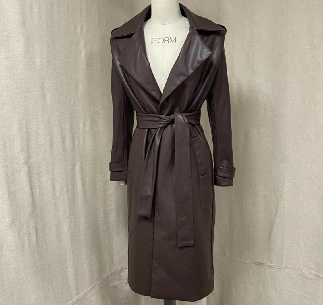 NEW Lavish Alice vegan leather belted coat in dark brown size 8