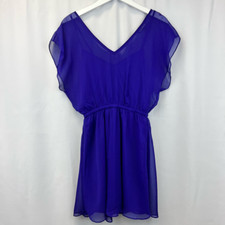 Express Womens Blouson Dress Solid Blue Dual V Neck Flutter Short Sleeve S