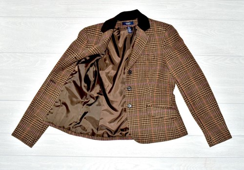 CHAPS women’s WOOL blend brown plaid blazer trim with corduroy lapel Size 4 - Picture 5 of 7