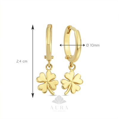 14K Gold Clover Charm, Four Leaf Clover Dangle Earrings, Shamrock Hoop Huggies