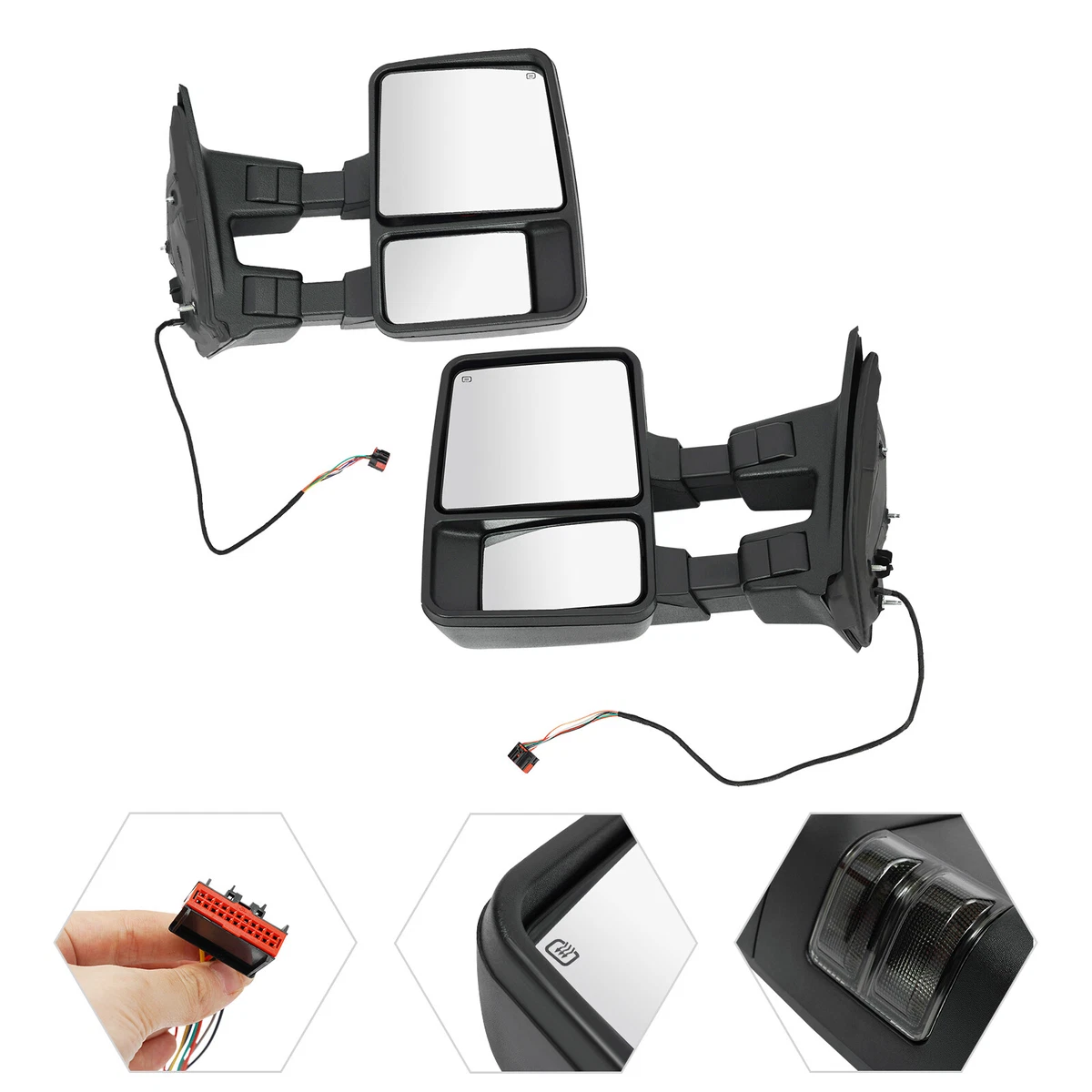 Par De Espejos De Remolque Con Calefacción, Señal De Giro Y Luz De Posición – Para Ford F250 F350 F450 F550 2008-2016 (lentes Ahumadas)