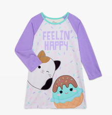 Squishmallows Nightgown Pajama Gown Sleep Shirt Girls Sz 4-12 Cam Cat Ice Cream