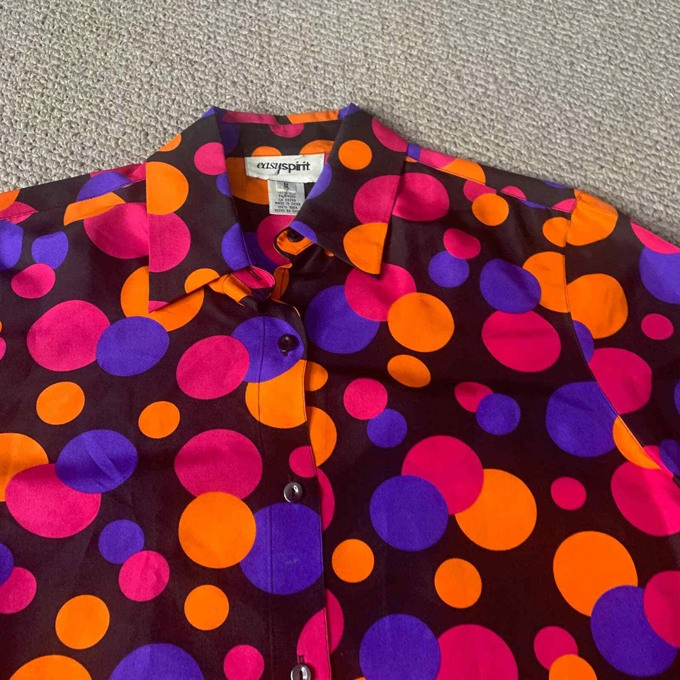 Camisa Blusa Easy Spirit Mujer Talla Mediana Negra Seda Polkadot Abotonada Foto 2 de 4