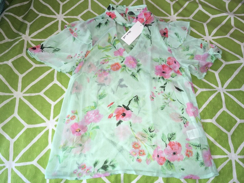 bleuh Ciel Women’s Green Floral Print Short Sleeve Eyelet Sheer Ruffle Top S NWT
