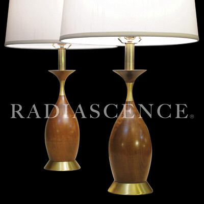 PAIR TONY PAUL WESTWOOD ATOMIC MODERN WALNUT BRASS BOWLING PIN TABLE LAMP 50's