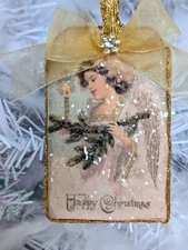 Shabby Chic Victorian Cherub Angel Bow Decoupage Antique Christmas Card Ornament