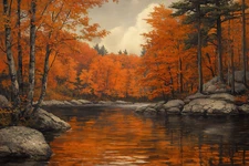 Fall Autumn Peaceful River Oil Painting Art Print Printed On Canvas Artprint