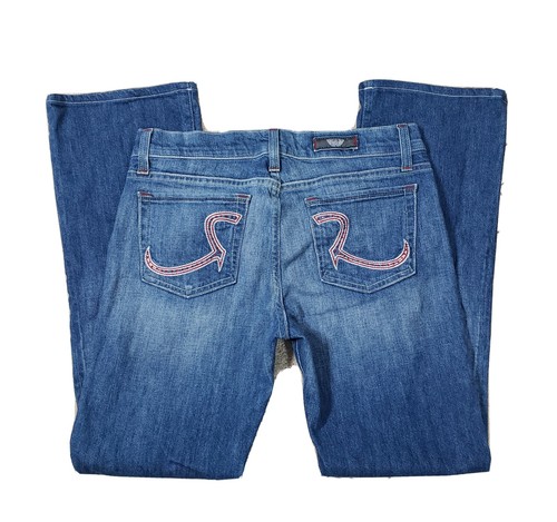 Flare Denim Blue Jeans Red Rhinestones 