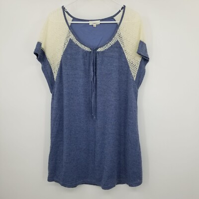Hayden Linen Blend Blue Short Sleeved Tunic Blouse Shirt Large
