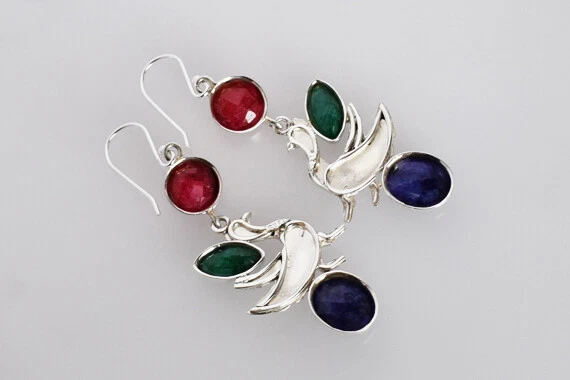 Laboratorio Creado Rubí Esmeralda Zafiro 925 Plata PAVO REAL Pendientes Colga... - Imagen 4 de 4