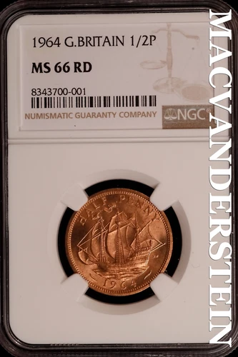 Great Britian: 1964 One Half Penny-NGC MS 66 RD Brilliant Uncirculated #SLG149