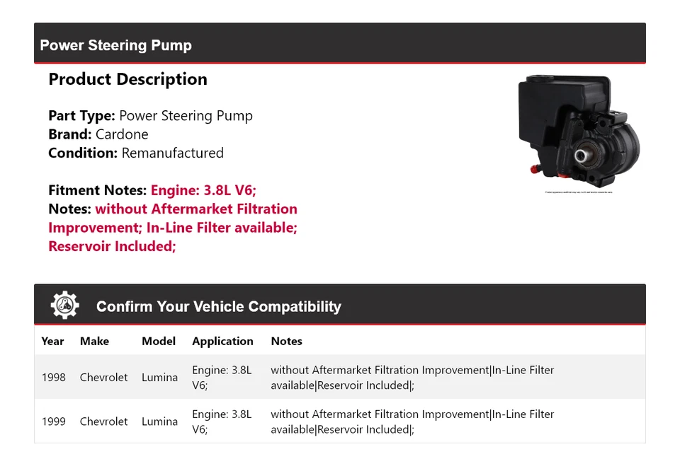 For 1998-1999 Chevrolet Lumina 3.8L V6 Power Steering Pump Cardone - Image 2 of 4