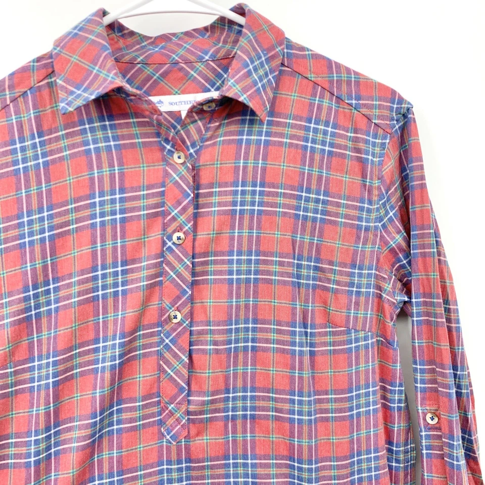Vestido camisero Southern Tide XS manga larga popover 1/2 botón rojo azul a cuadros Foto 3 de 4