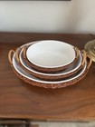 3 Nesting Vintage Porcelain Baking Dishes Casseroles in Rattan Holders / Servers