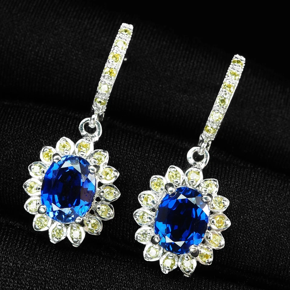 925 Sterling Silver White Gold Earrings Invaluable Royal Blue Sapphire 5.25Ct - Image 3 of 4