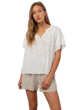 Rails Marisol Embroidered Eyelet Top Size M White Tie Neck Blouse Short Sleeve
