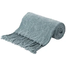 Blue Grey Throw Blanket for Couch Bed Soft Cozy Light Blue Chenille Throw Bla...