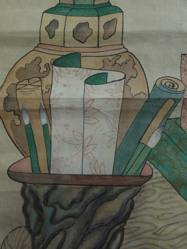 ANTIQUE KOREAN MINHWA SCROLL - CHAEKGEORI Scholarly Still Life (Early 20C)