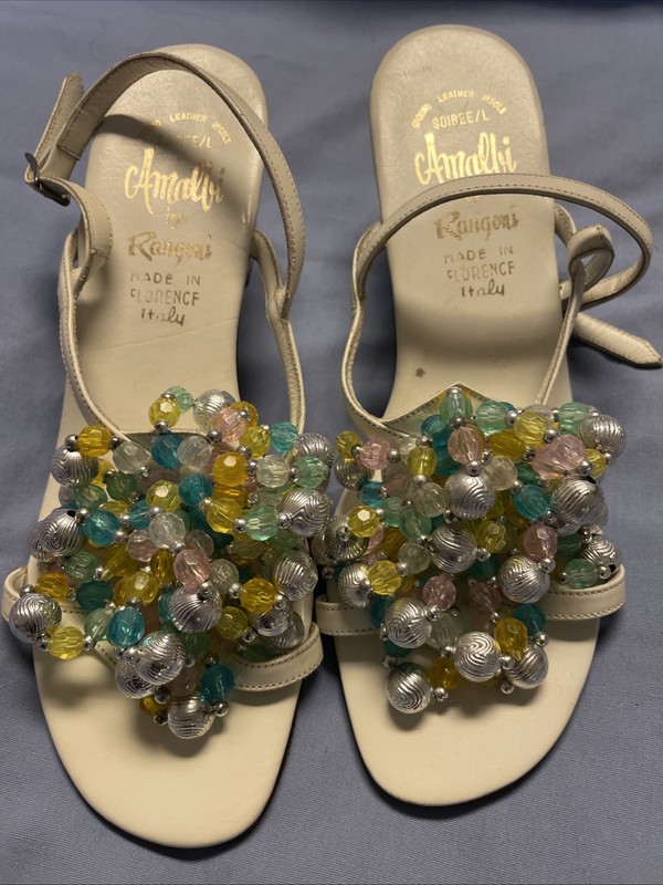 Vintage Amalfi By Rangoni White Italian Leather Beaded Sandals Sz 5.5 Bridal