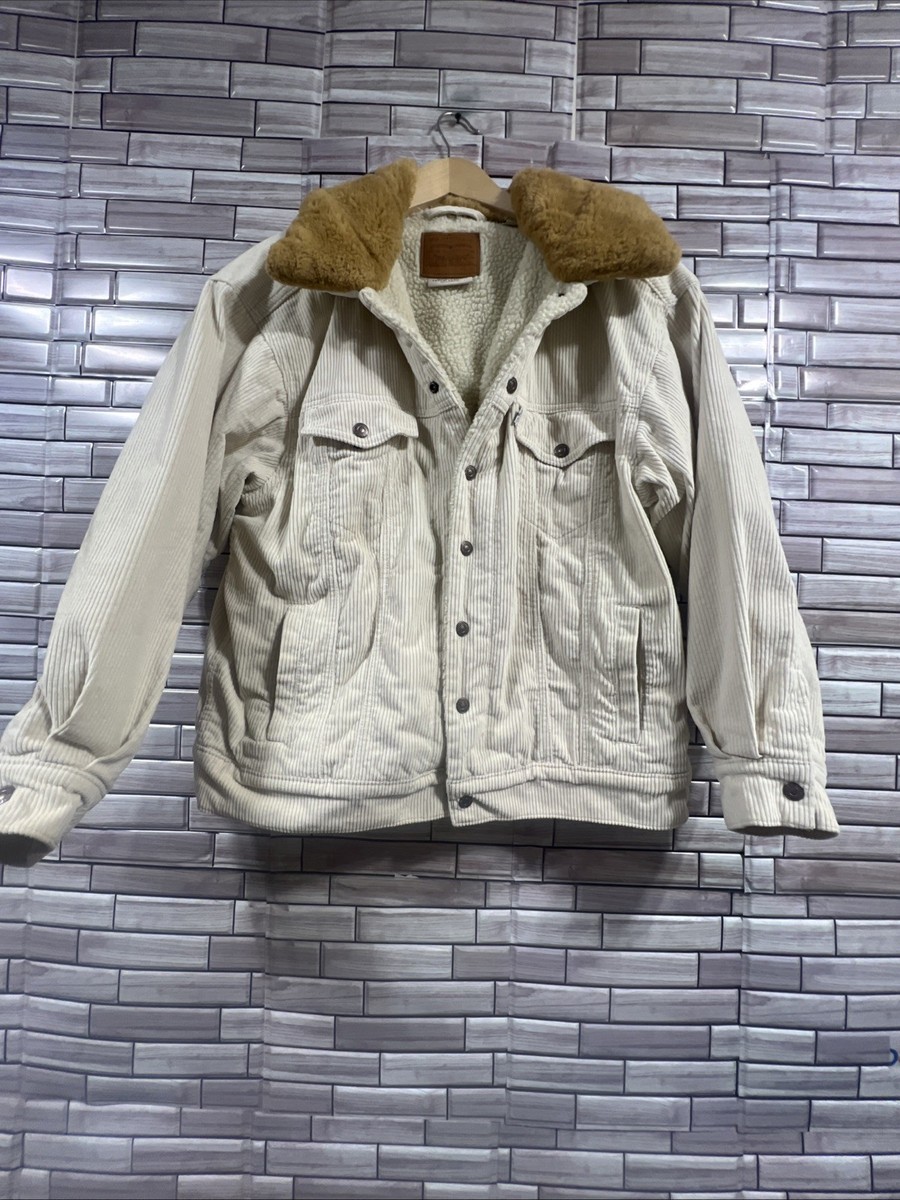 Levis Womens M coat Ivory Oversized Corduroy Fur Trucker Jacket
