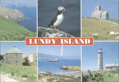 Lundy Island UK Mehrfachansicht Postkarte - Papageientaucher, Leuchtturm, Kirche, Hafen