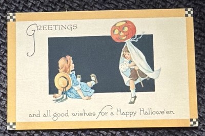 Vintage Gibson Halloween Postcard Girls Playing, Pumpkin Ghost Checkerboard