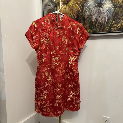Vintage 1990 Du Pa Red Gold Brocade Cheongsam Qipao Dress Mandarin Collar Medium