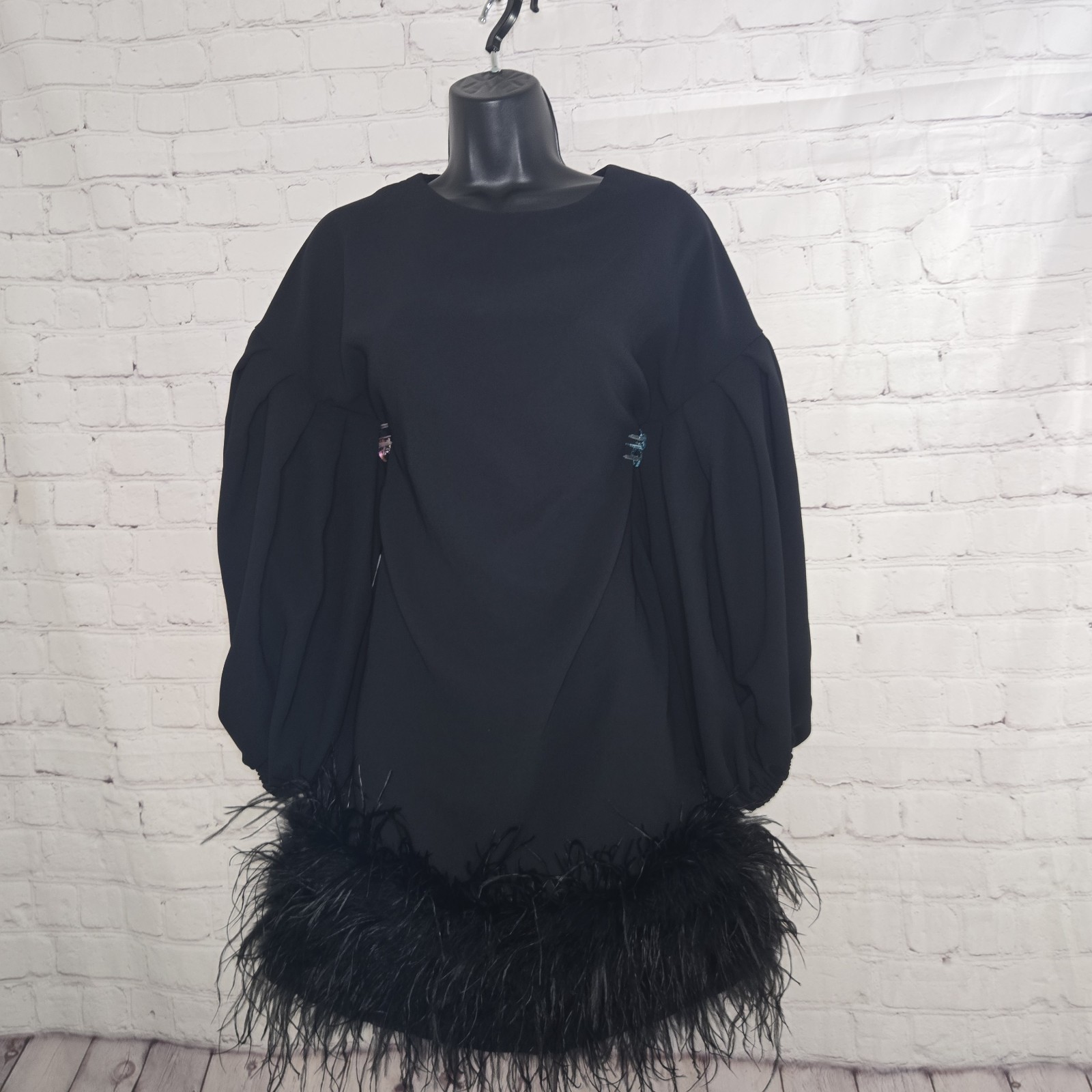 MARIELLE Almelo Feather Hem Mini Dress Black Balloon Sleeve Party Cocktails Sz L