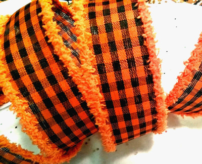 Fall Orange Black Gingham Check 1.5'' x 6 yd Fuzzy Chenille Edge Wired Ribbon