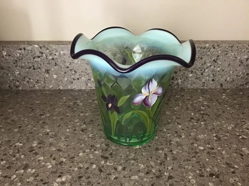 Fenton Designer Showcase Series Handpainted & signed Purple Iris &  Green Vase