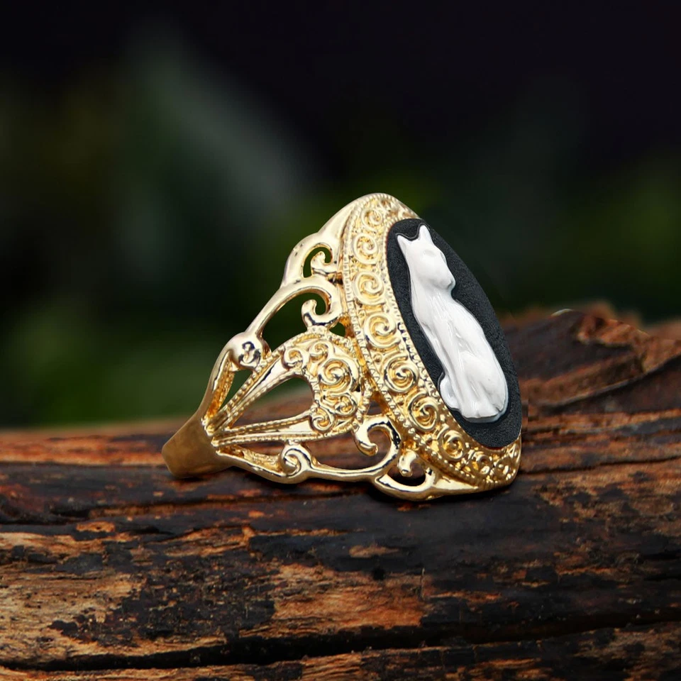 Venta al por mayor 10 anillos camafeo de gato leopardo color dorado estilo victoriano surtidos Foto 2 de 4