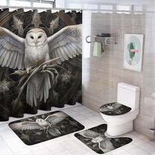 4 Pieces Mystery Owl Waterproof Shower Curtain Sets Vintage Animal Bird Pictu...