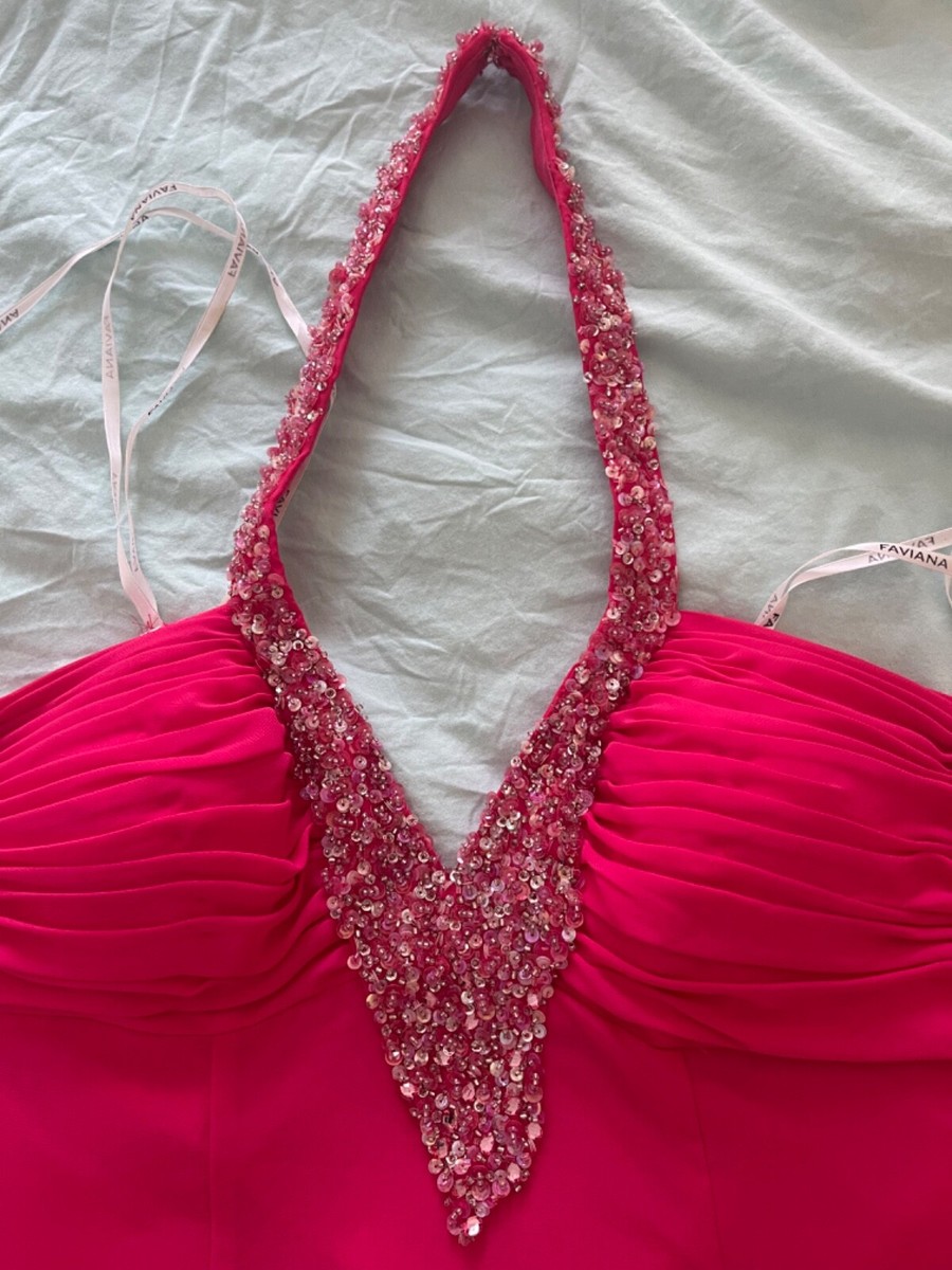 Faviana Women's Chiffon Beaded Neckline Hot Pink Halter long Dress Size 14  | eBay