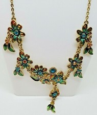 Enamel Flower Necklace Multi Rhinestone Gold Tone Enamel Multicolor 20"