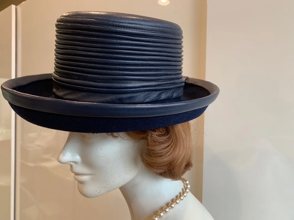 Vintage KOKIN New York 100% Wool Navy Blue Leather Hat Esccello Bollman Hat Co - Image 4 of 4