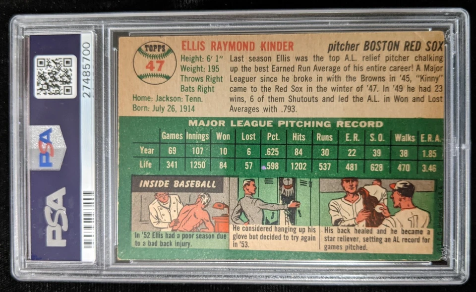1954 Topps ELLIS KINDER #47 PSA 4 VG-EX Boston Red Sox 27485700 - Image 2 of 2
