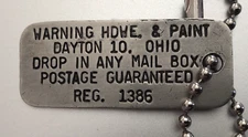 VTG Charge Coin Key Fob: WARNING HARDWARE & PAINT Store: Dayton OH; Cust #1386