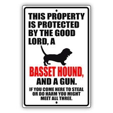 This Property Is Protected By The Good Lord Basset Hound Dog Aluminum Metal Sign