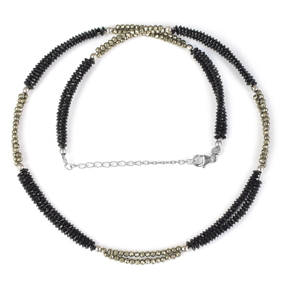 925 Argento Naturale Nero Spinello Pirite Pietra Preziosa Perline 2 Collana - Immagine 4 di 4