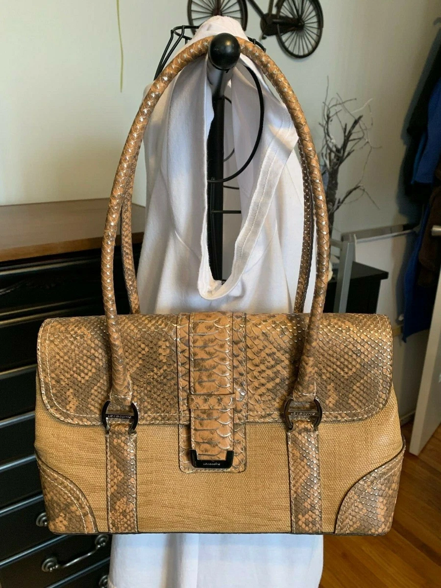 LIZ CLAIBORNE Faux Snakeskin Fold Over TOTE PURSE Tan Silver Metallic ExPrOw