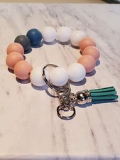 Handmade Key Ring Bracelet Car Keychain Holder Wristlet Silicon White, Peach